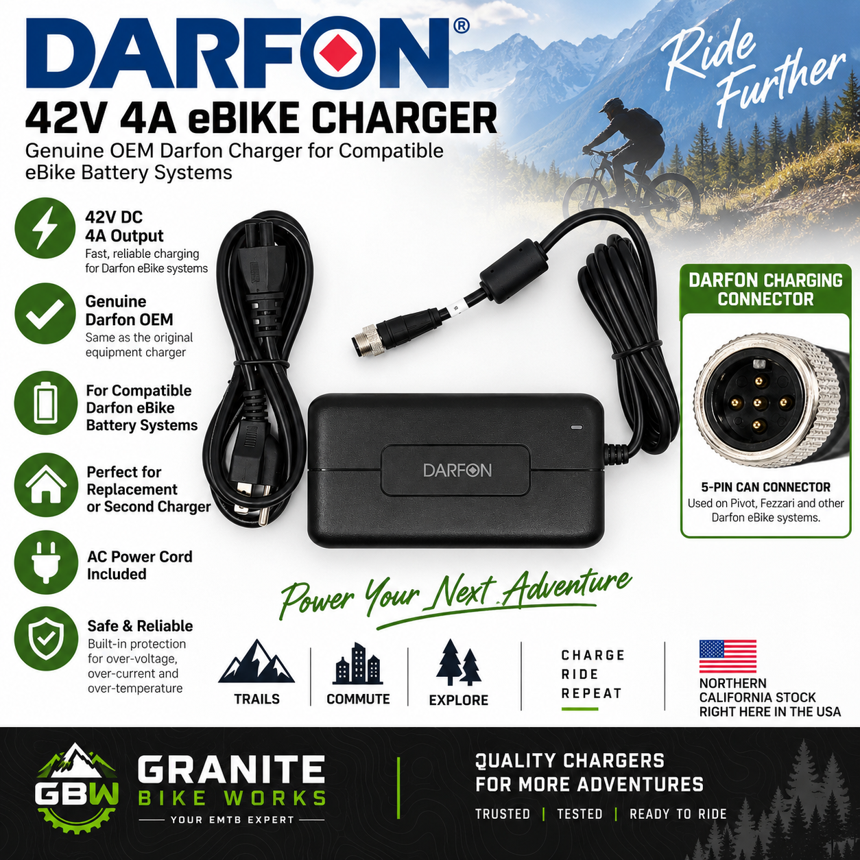 Darfon 42V 4A 5-Pin Charger | Fits Pivot Shuttle, Fezzari Wire Peak & Others